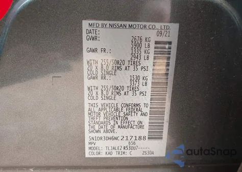 2022 Nissan Pathfinder Platinum 2Wd from USA, damaged, VIN 5N1DR3DH6NC217188